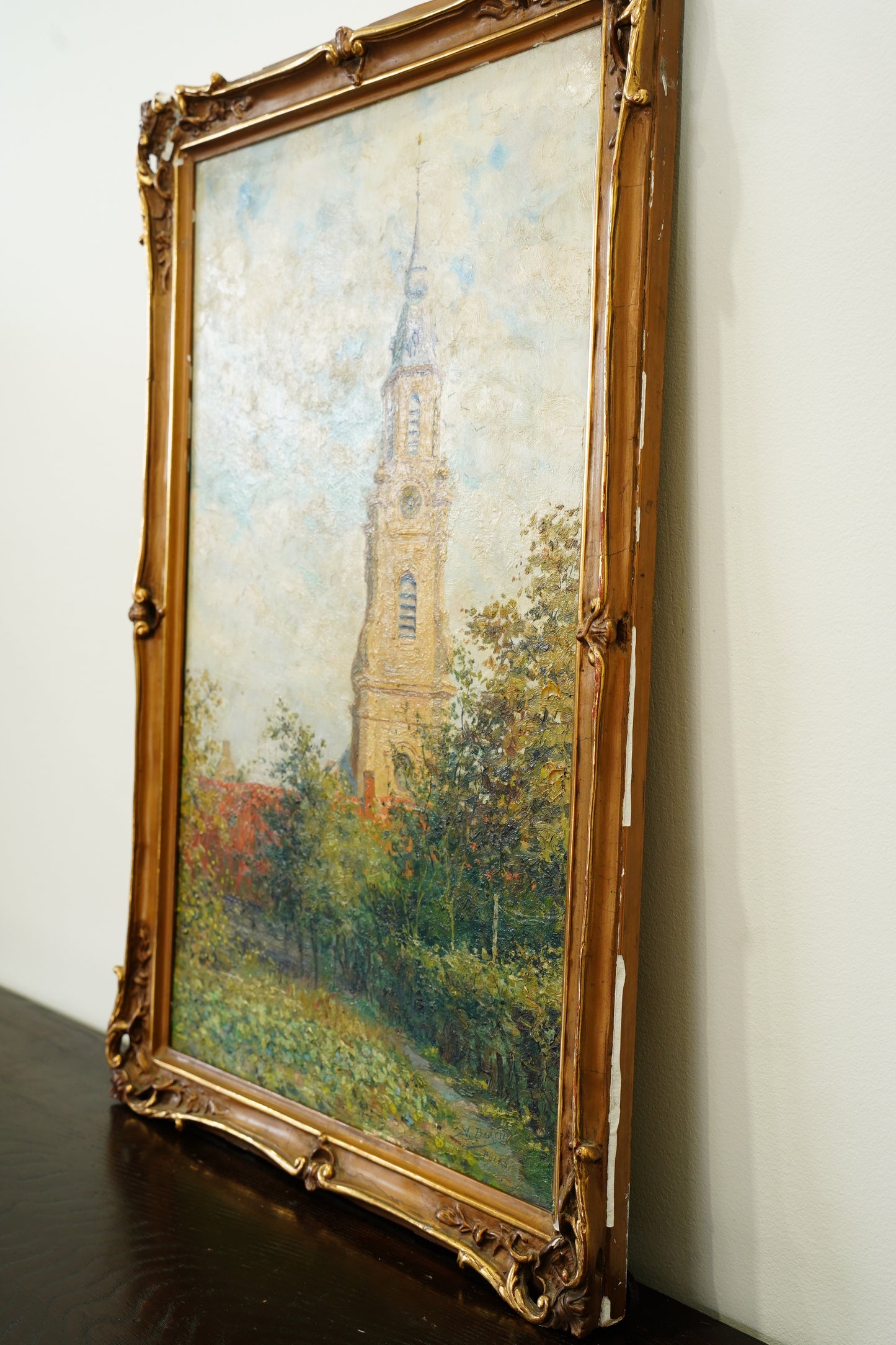 Antique Belgian Church Oil Painting, Signed A. Barth