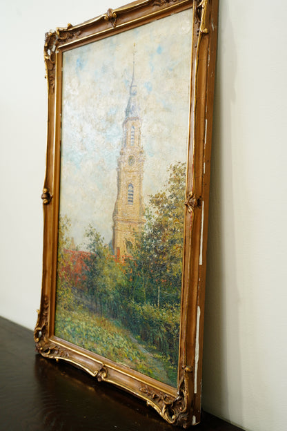 Antique Belgian Church Oil Painting, Signed A. Barth
