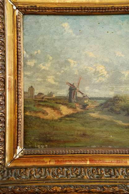 Antique Signed French Windmill Landscape Oil Painting on Panel, Dated 1879