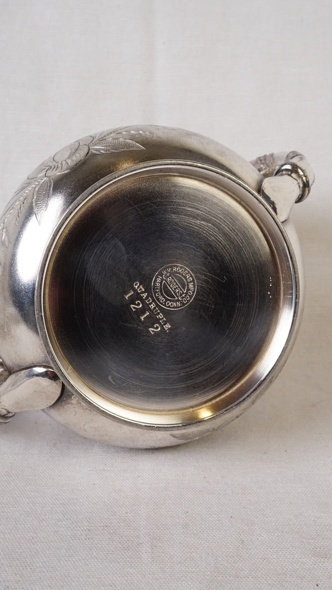 Antique Wm. Rogers Quadruple Silverplate Sugar Bowl with Floral Engraving, Hartford Conn.