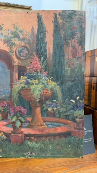 Signed Garden Fountain Oil Painting, Unframed