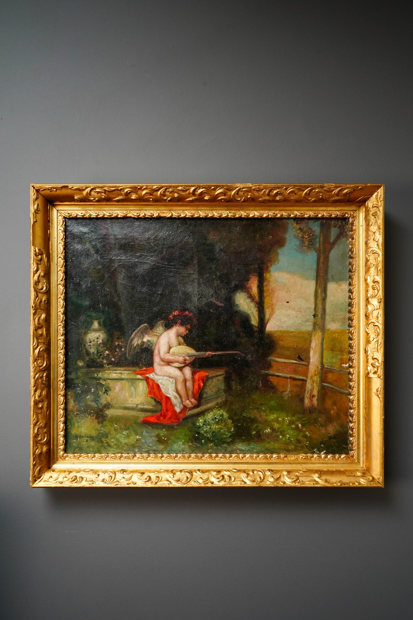 Antique Putti Oil Painting with Lute, Signed Baumann, Classical Garden Scene