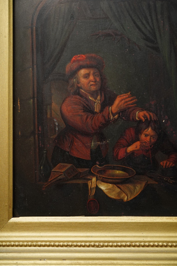 Antique Dutch Genre Oil on Metal Painting, “The Scholar” Pendant to “The Dentist”
