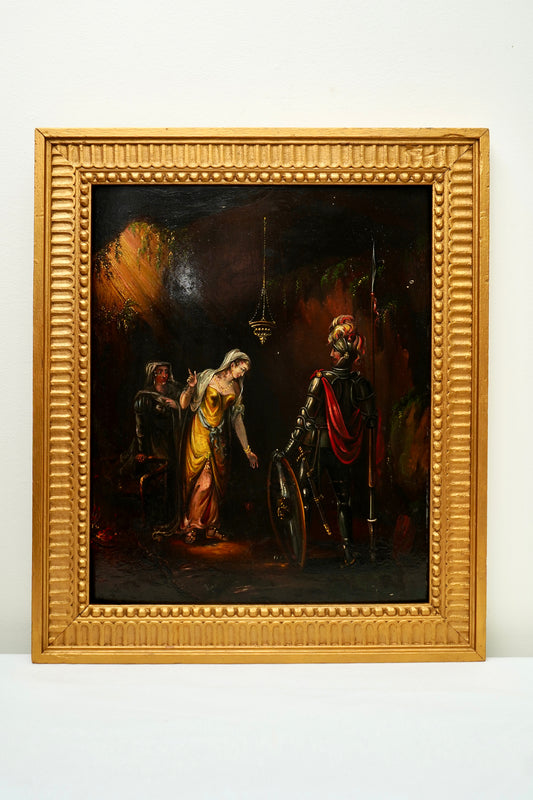 Antique Troubadour Style Chivalric Scene Oil Painting on Wood Panel in Gilt Frame,