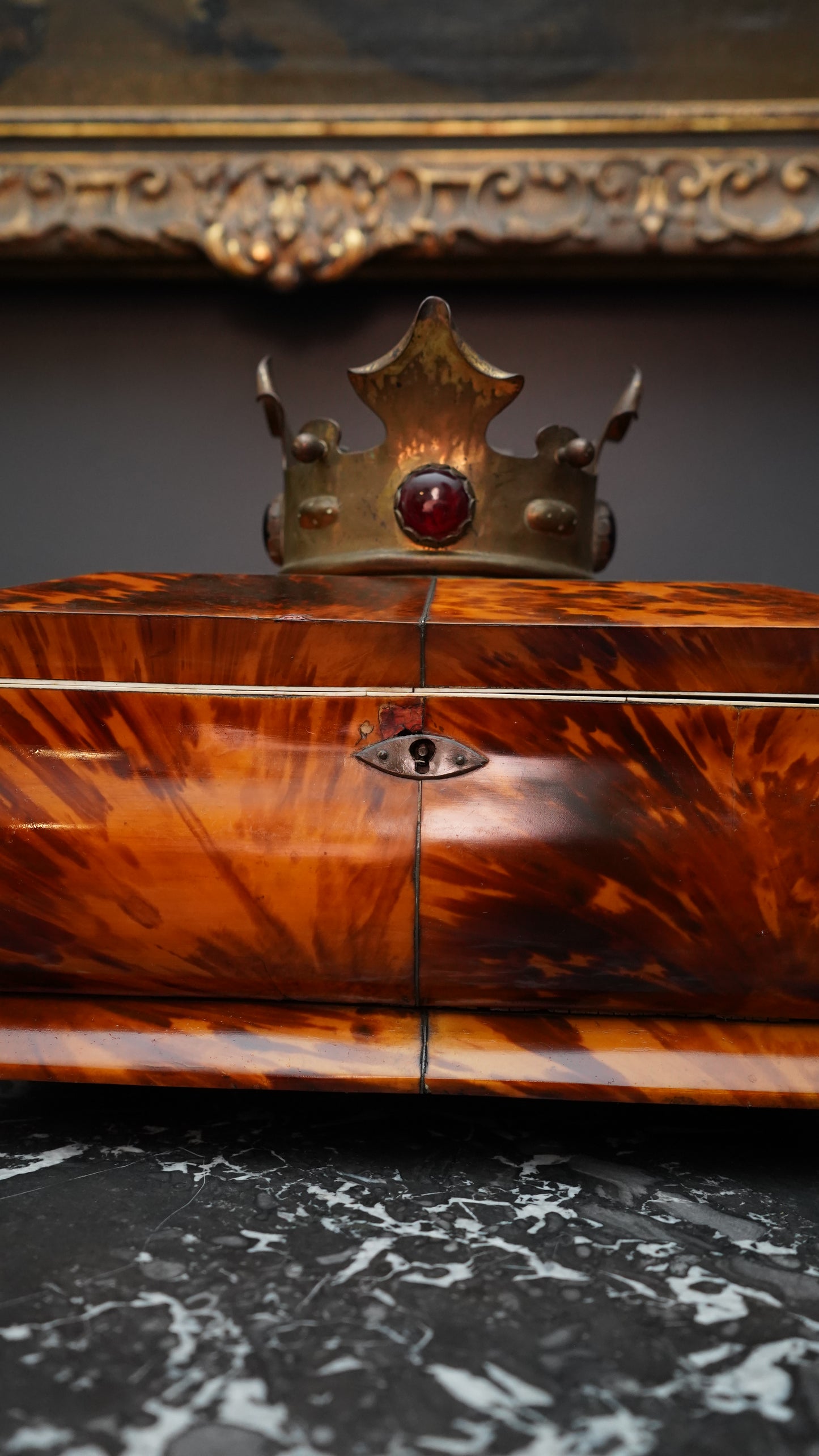 Antique Brass Crown Mount with Red Glass Jewels | Gothic Revival Altar Ornament c.1880–1920