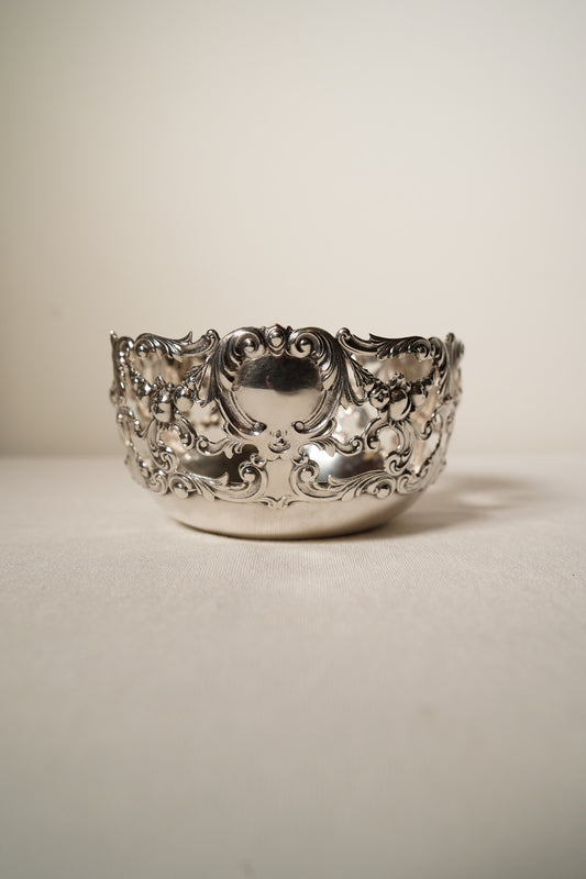 Antique Sterling Silver Rococo Revival Reticulated Bowl with Monogram, American Gilded Age Circa 1890