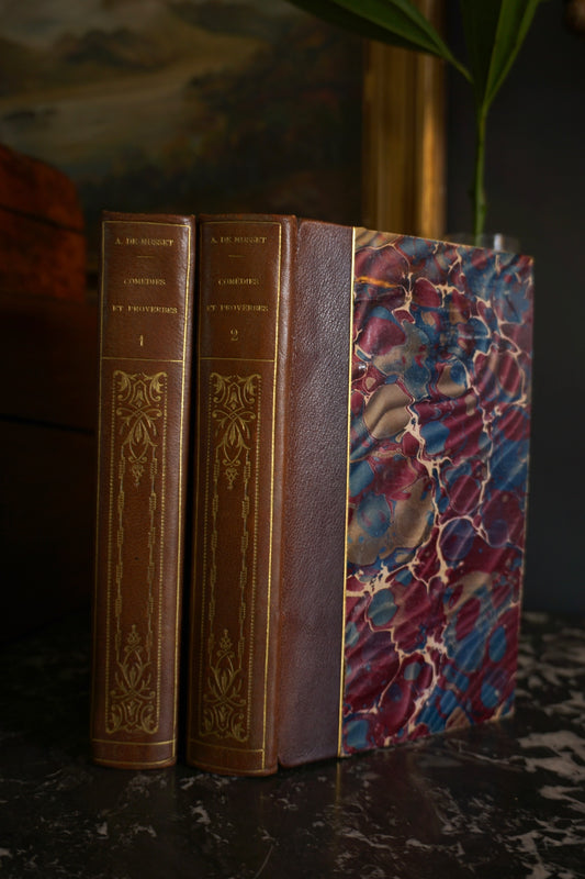 2 Vol. "Comédies et Proverbes" French Half Purple Leather Books