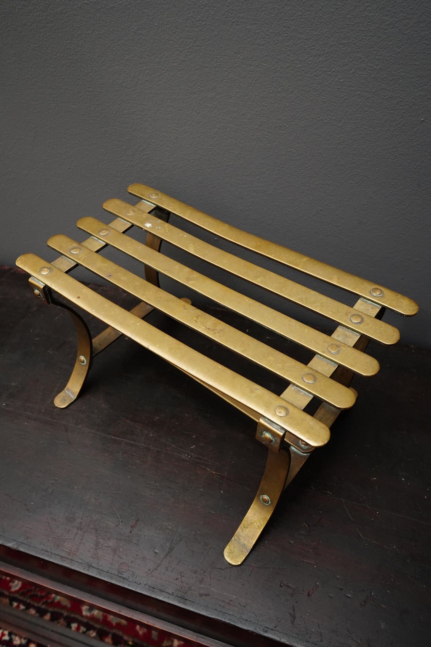 Antique French Brass Trivet or Iron Rest Stand, Riveted Slat Top, c. 1890–1930