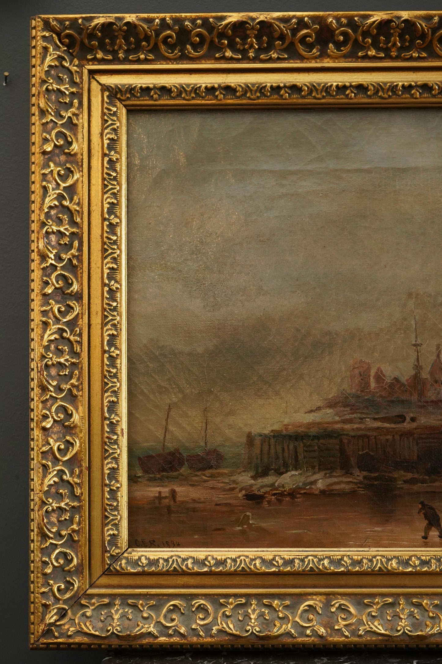 1894 Dutch Winterscape Oil Painting with Monogram in Antique Gilt Victorian Frame