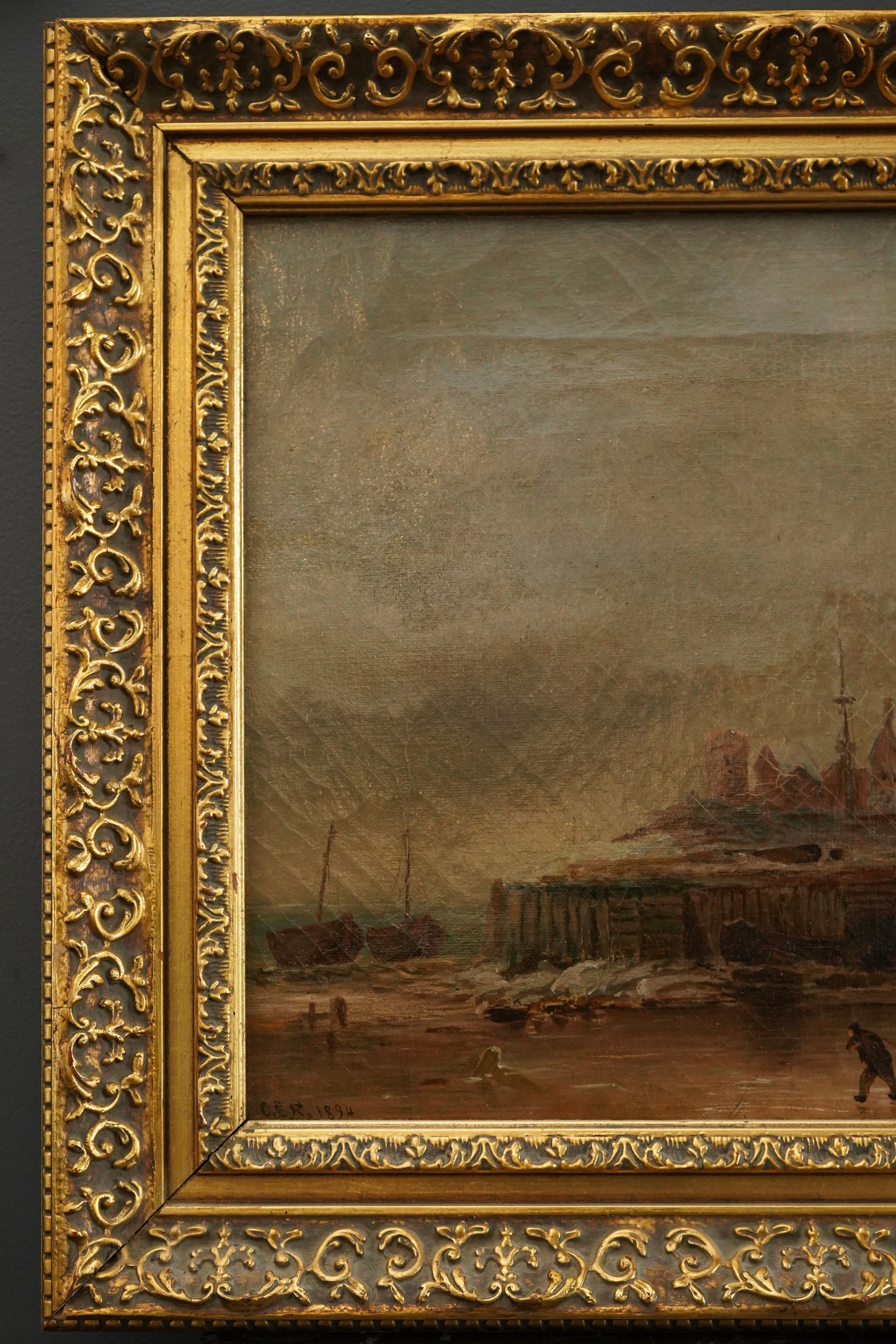 1894 Dutch Winterscape Oil Painting with Monogram in Antique Gilt Victorian Frame