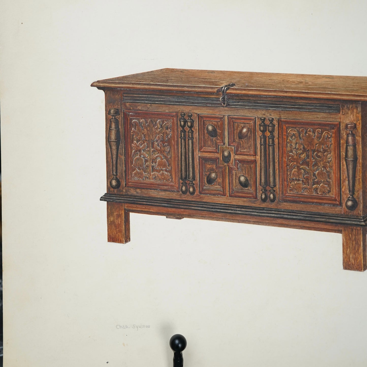 Antique Furniture Illustration – Colored Pencil Rendering of a Jacobean Oak Chest by Chas. Squires, c.