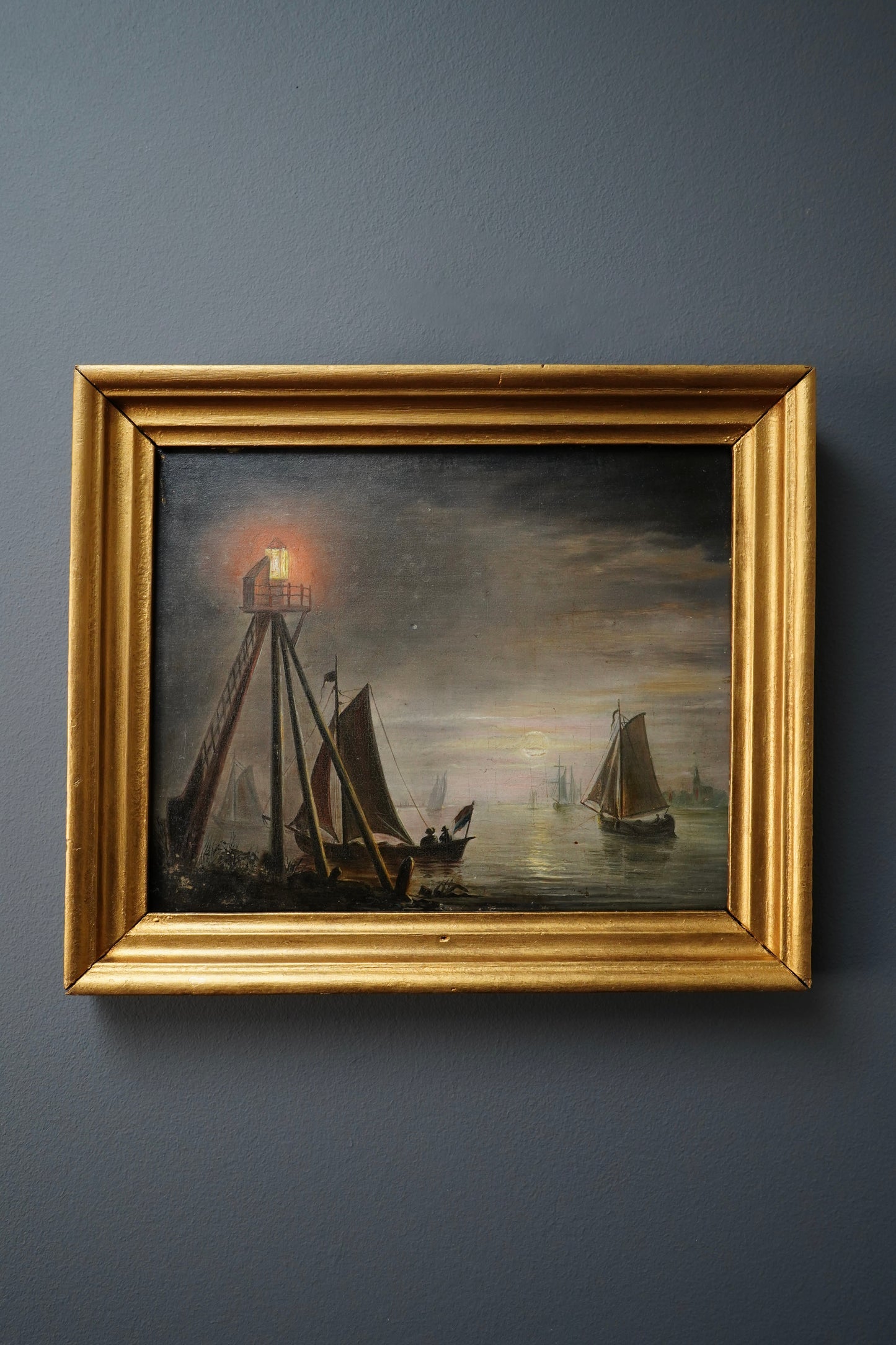 19th Century Moonlit Harbor Oil Painting on Panel After Petrus van Schendel