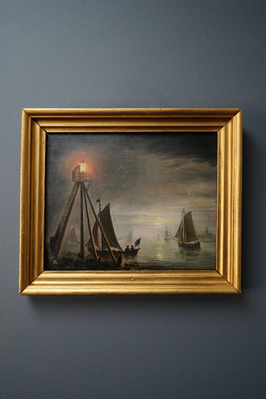 19th Century Moonlit Harbor Oil Painting on Panel After Petrus van Schendel