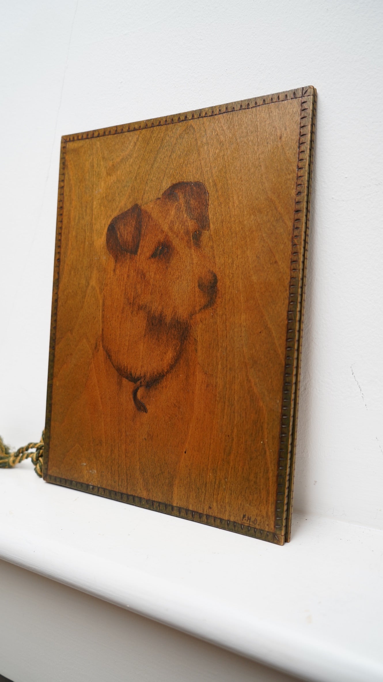 Antique Handcrafted Pokerwork Terrier Writing Blotter, Signed F.H.O., c. 1910–1930