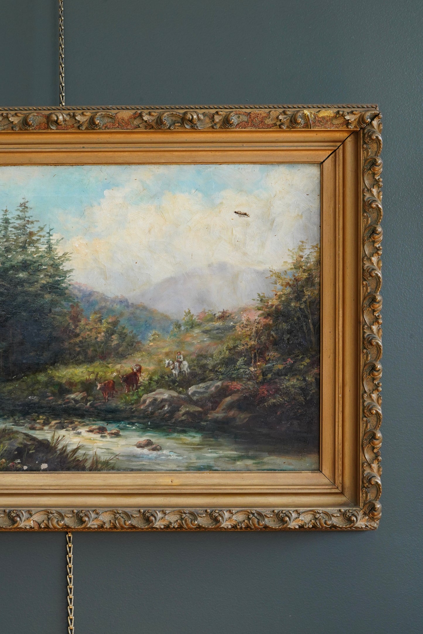 19th Century British River Landscape with Cattle and Drover, Oil on Canvas