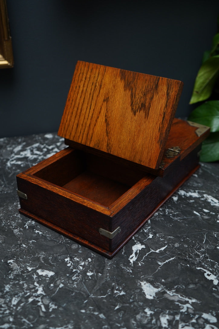 Antique Edwardian Oak & Silver-Plated Two-Compartment Stationery Box with Handle