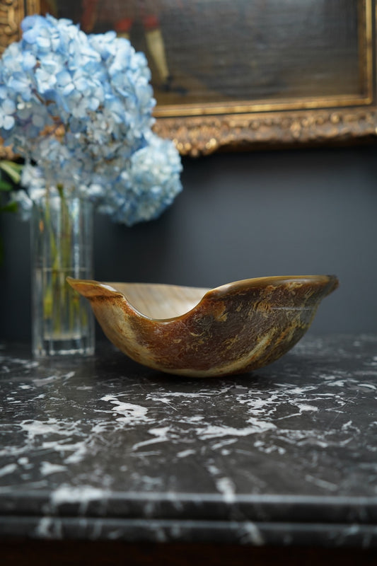 Antique Hand-Carved Horn Bowl | Natural Polished Horn Decorative Vessel