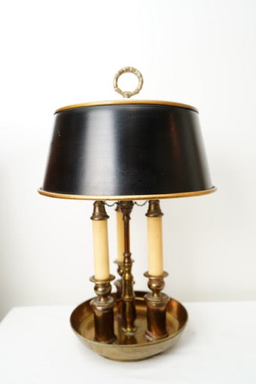 Antique French Bouillotte Style Brass Table Lamp with Black Tole Shade, Three Light Form