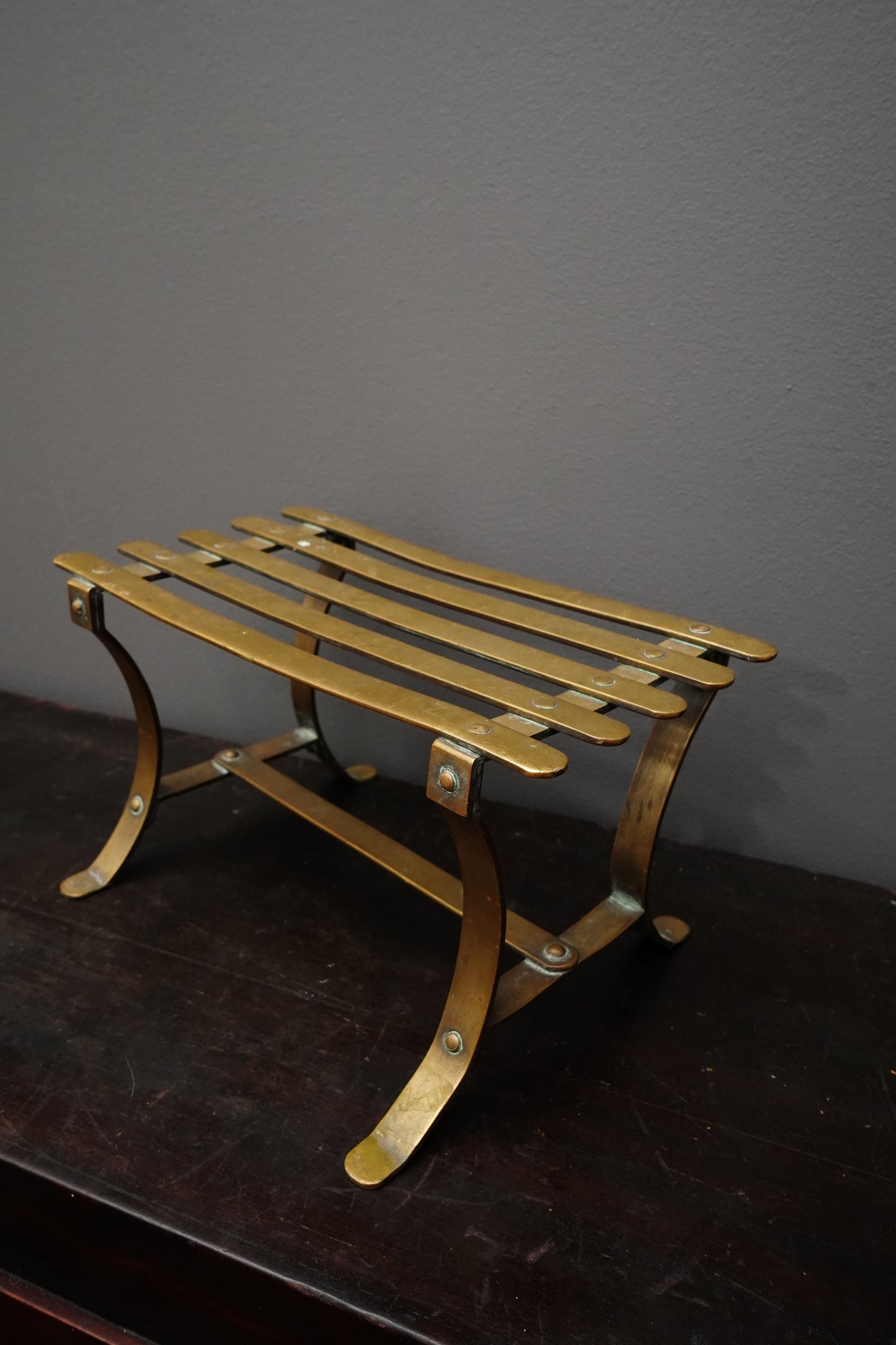 Antique French Brass Trivet or Iron Rest Stand, Riveted Slat Top, c. 1890–1930