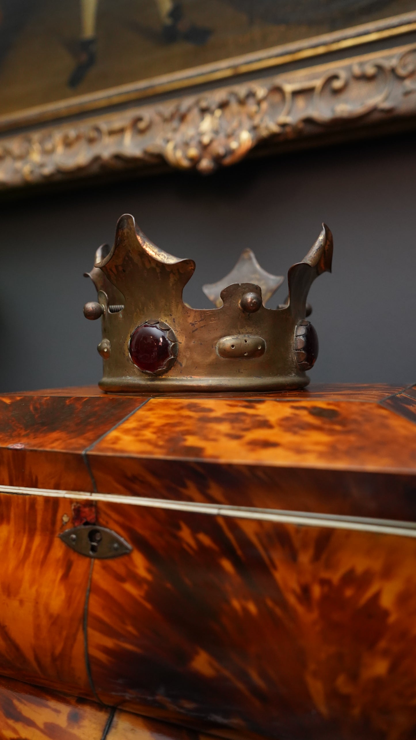 Antique Brass Crown Mount with Red Glass Jewels | Gothic Revival Altar Ornament c.1880–1920