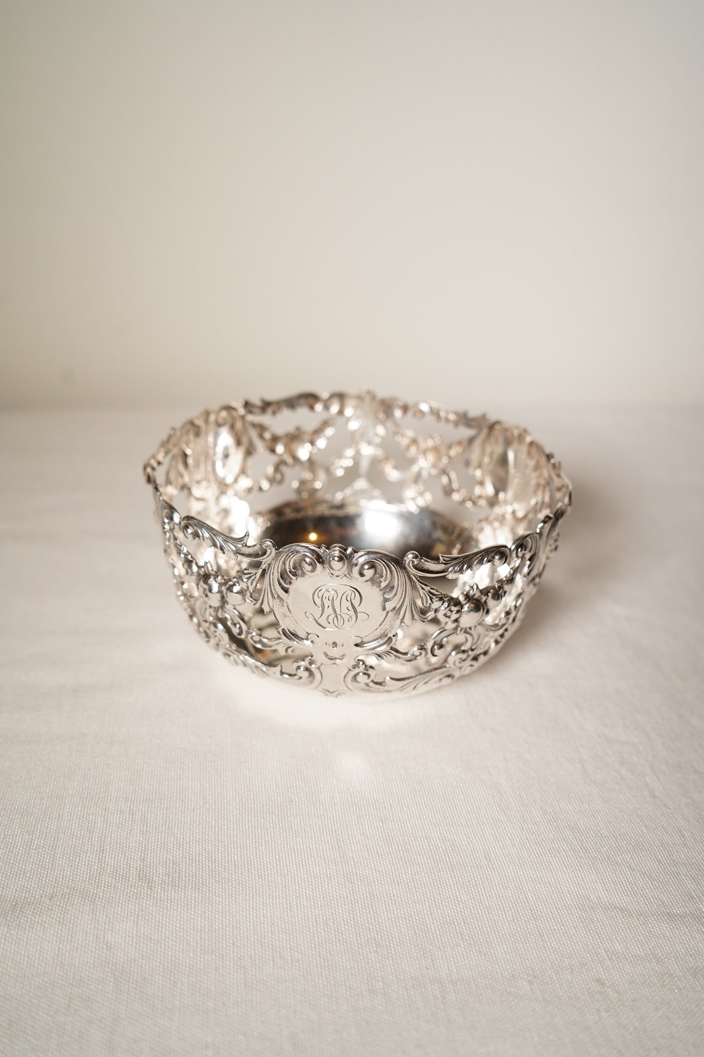 Antique Sterling Silver Rococo Revival Reticulated Bowl with Monogram, American Gilded Age Circa 1890