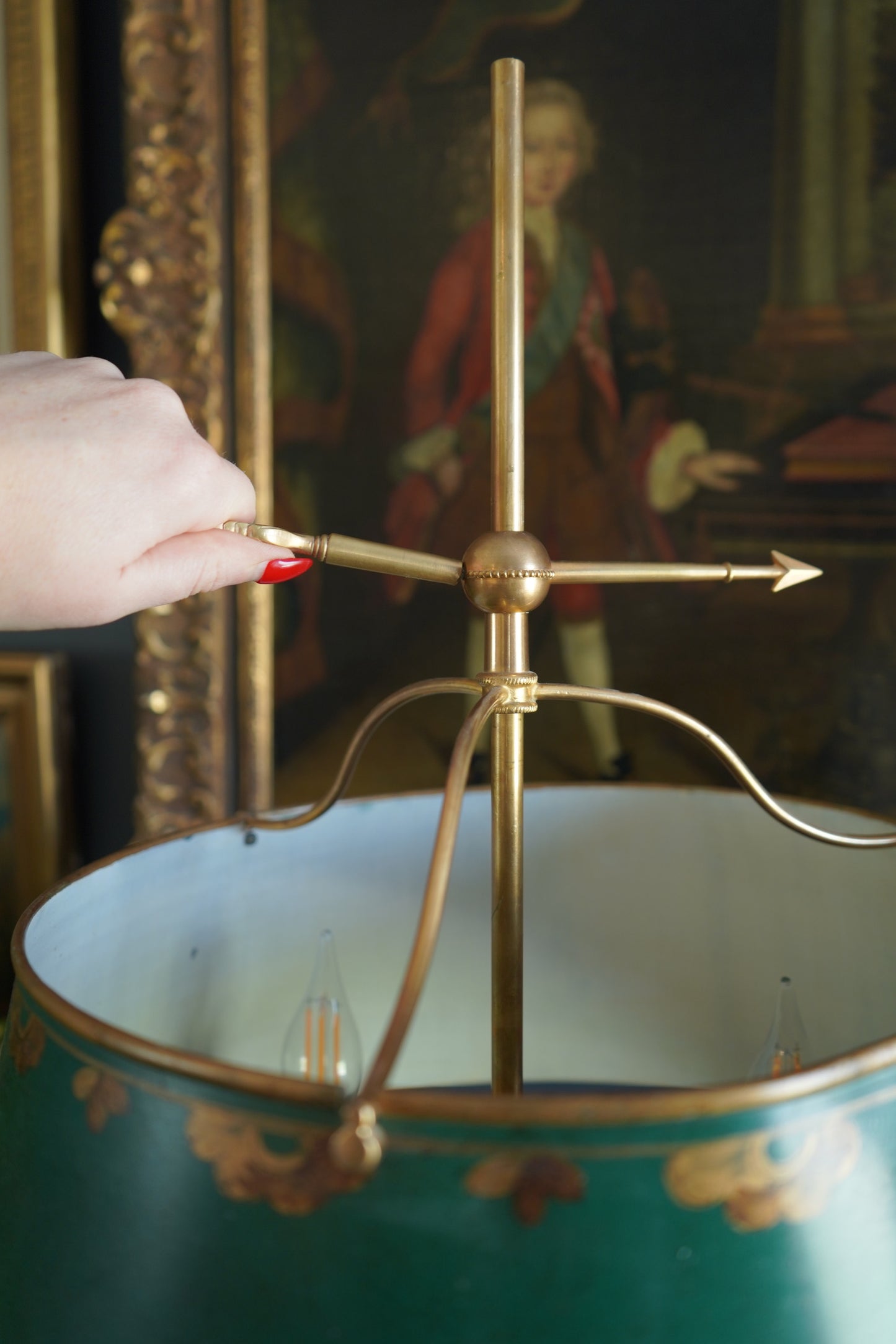 Antique French Bouillotte Lamp with Hand-Painted Tole Shade | Gilt Bronze / Brass Mix, Neoclassical, c.1920