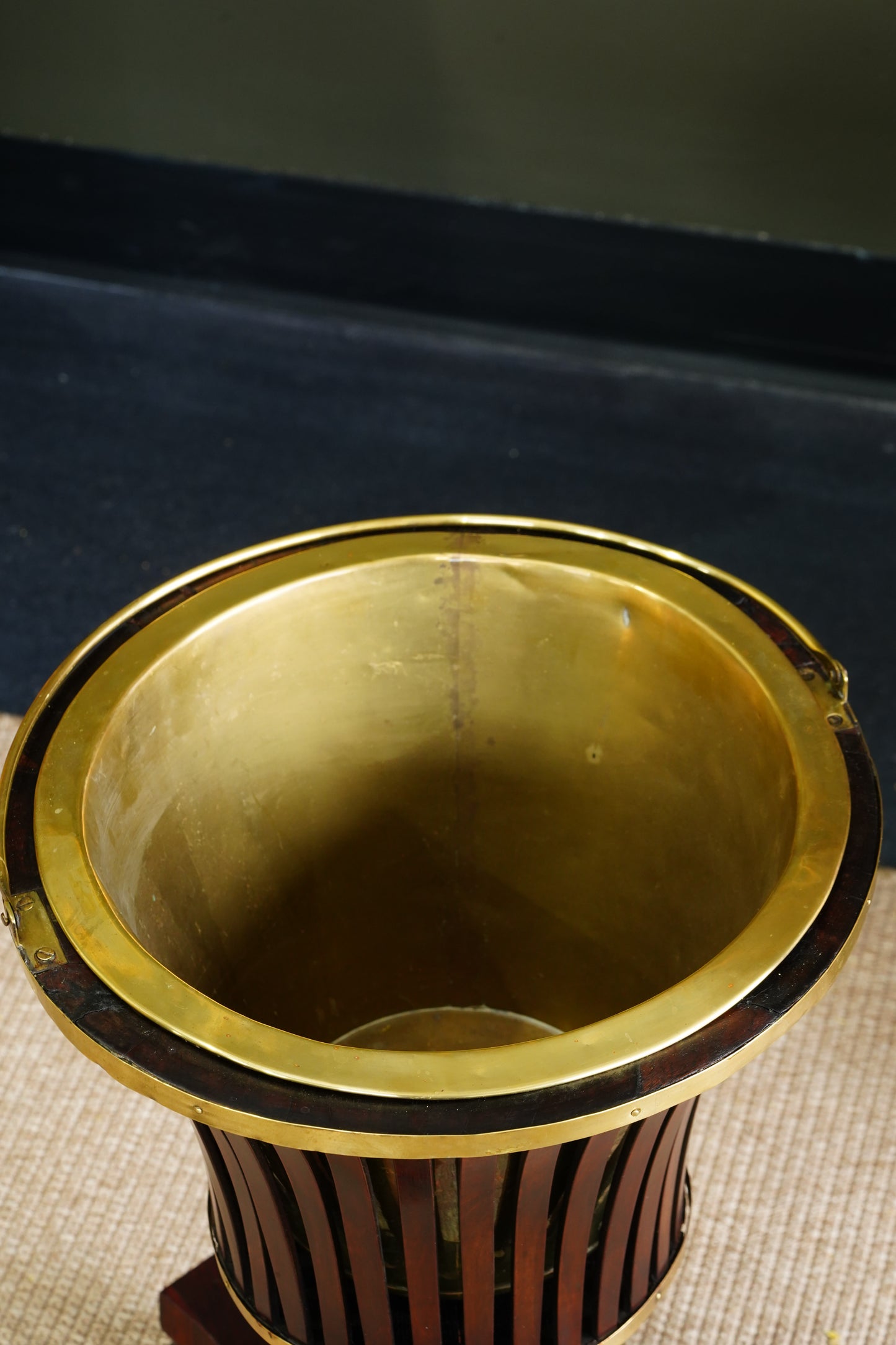 Antique Dutch Mahogany Jardinière, Slatted Urn Form with Brass Liner, Circa 1890
