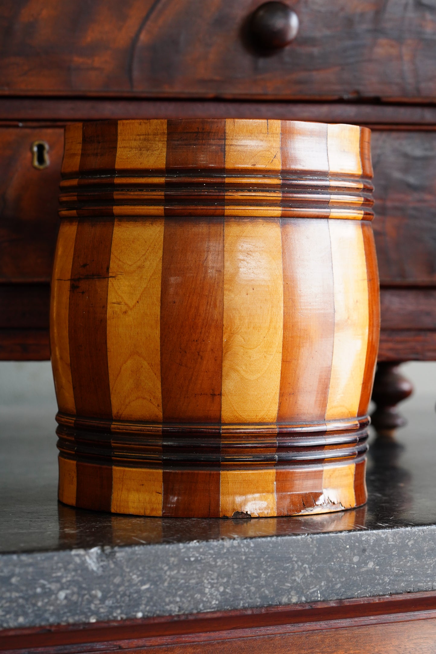 Antique English Coopered Treen Jar, Barrel Form, Circa 1880