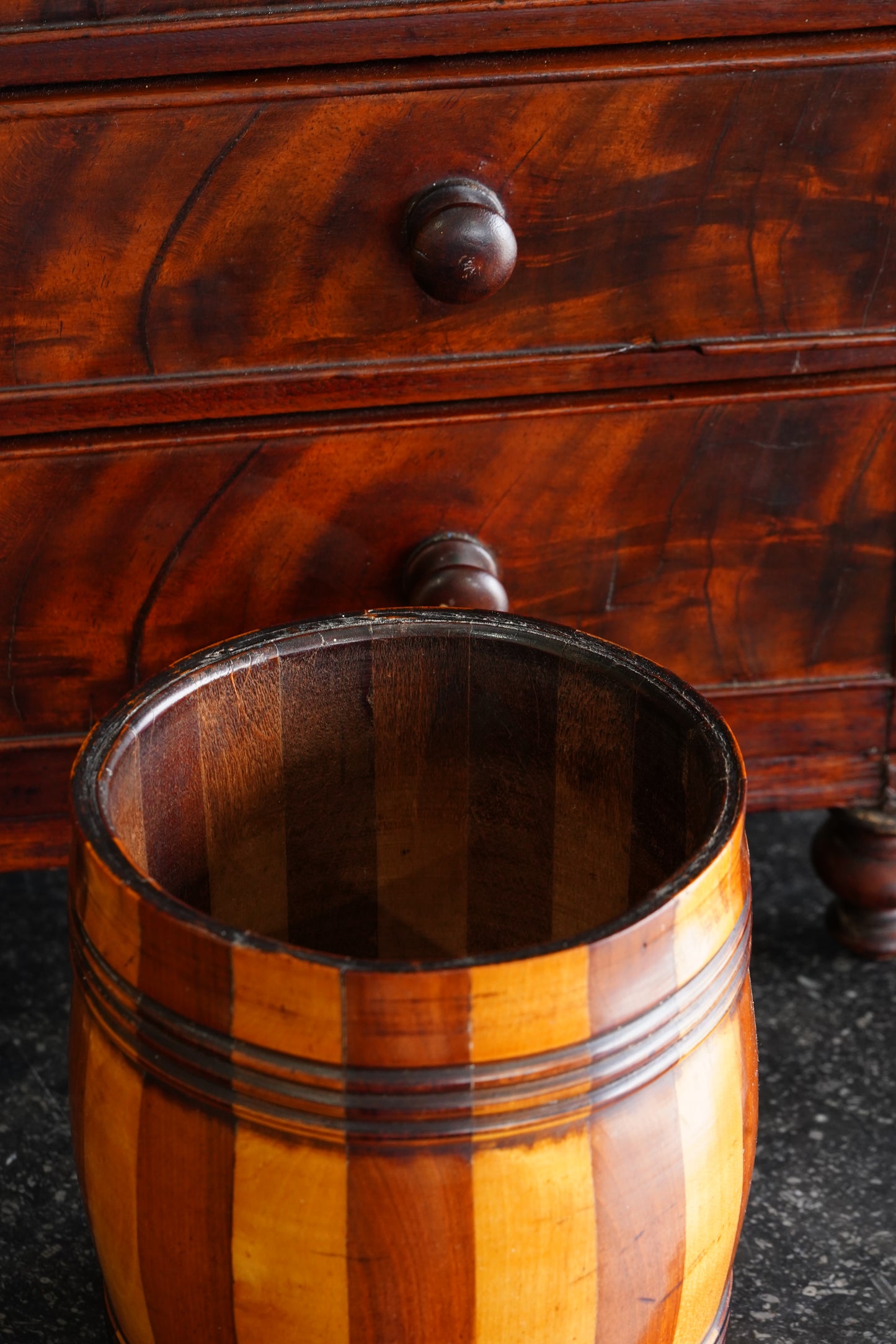 Antique English Coopered Treen Jar, Barrel Form, Circa 1880