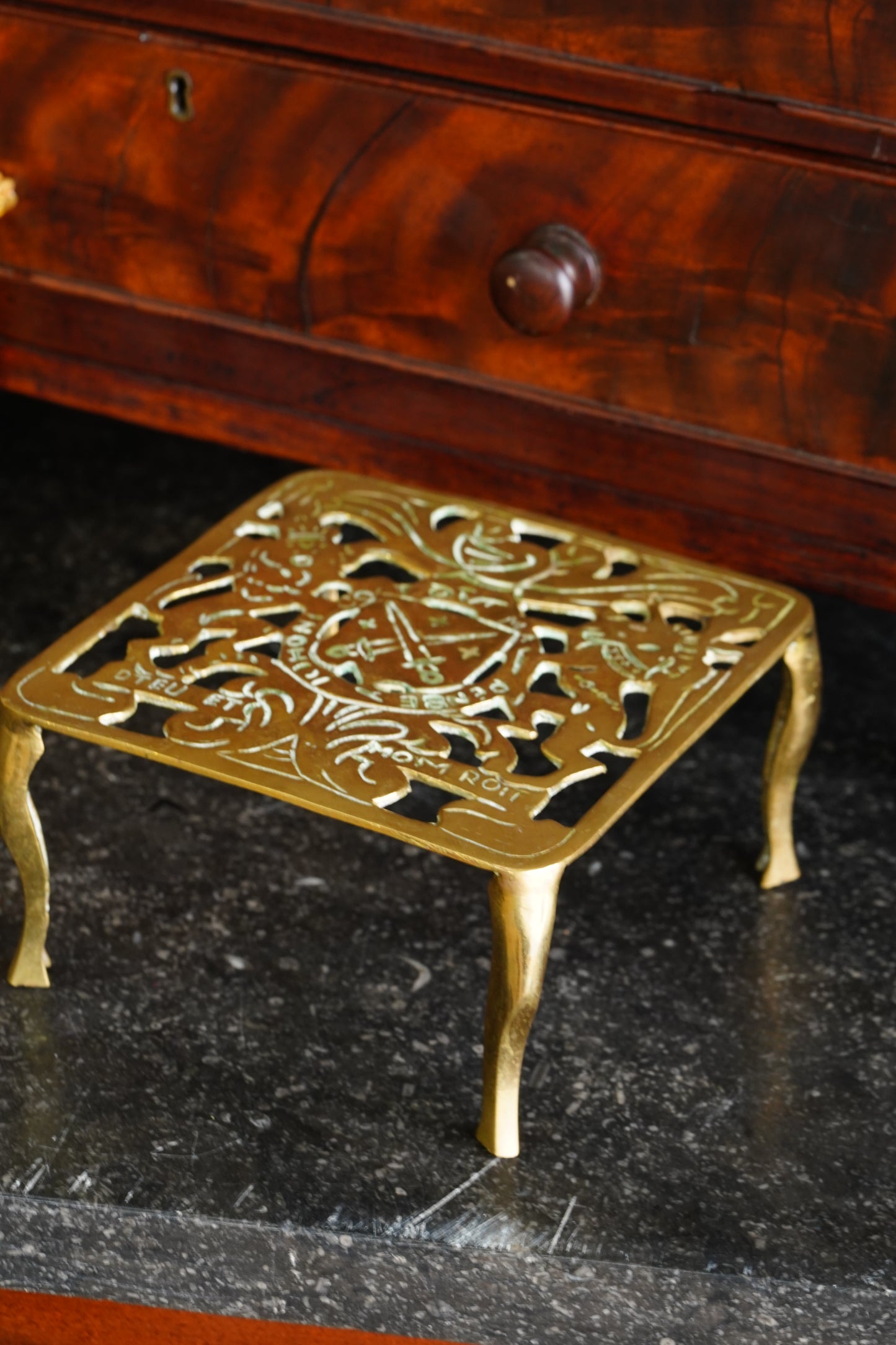 Antique English Brass Royal Coat of Arms Trivet, Circa 1900