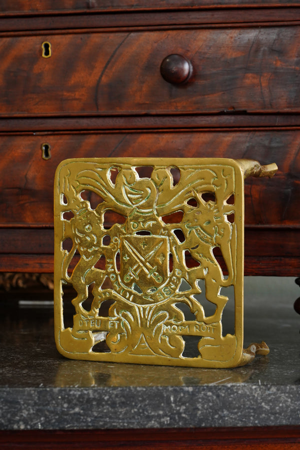 Antique English Brass Royal Coat of Arms Trivet, Circa 1900 secondary view
