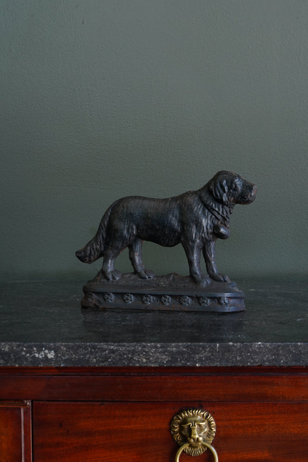 Antique Victorian Cast Iron Saint Bernard Doorstop with Rescue Barrel, Ca. 1890