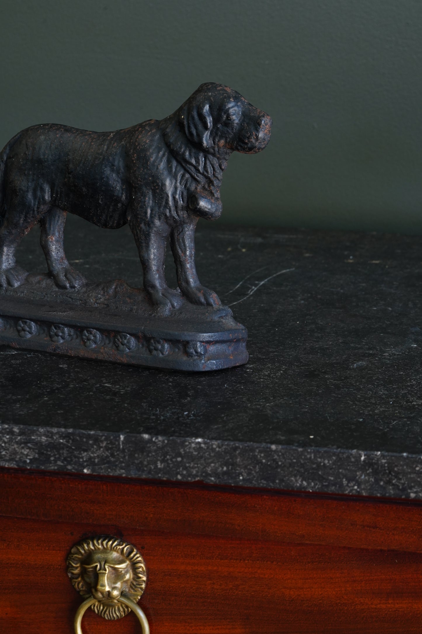 Antique Victorian Cast Iron Saint Bernard Doorstop with Rescue Barrel, Ca. 1890