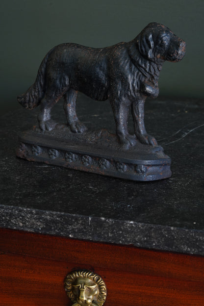 Antique Victorian Cast Iron Saint Bernard Doorstop with Rescue Barrel, Ca. 1890