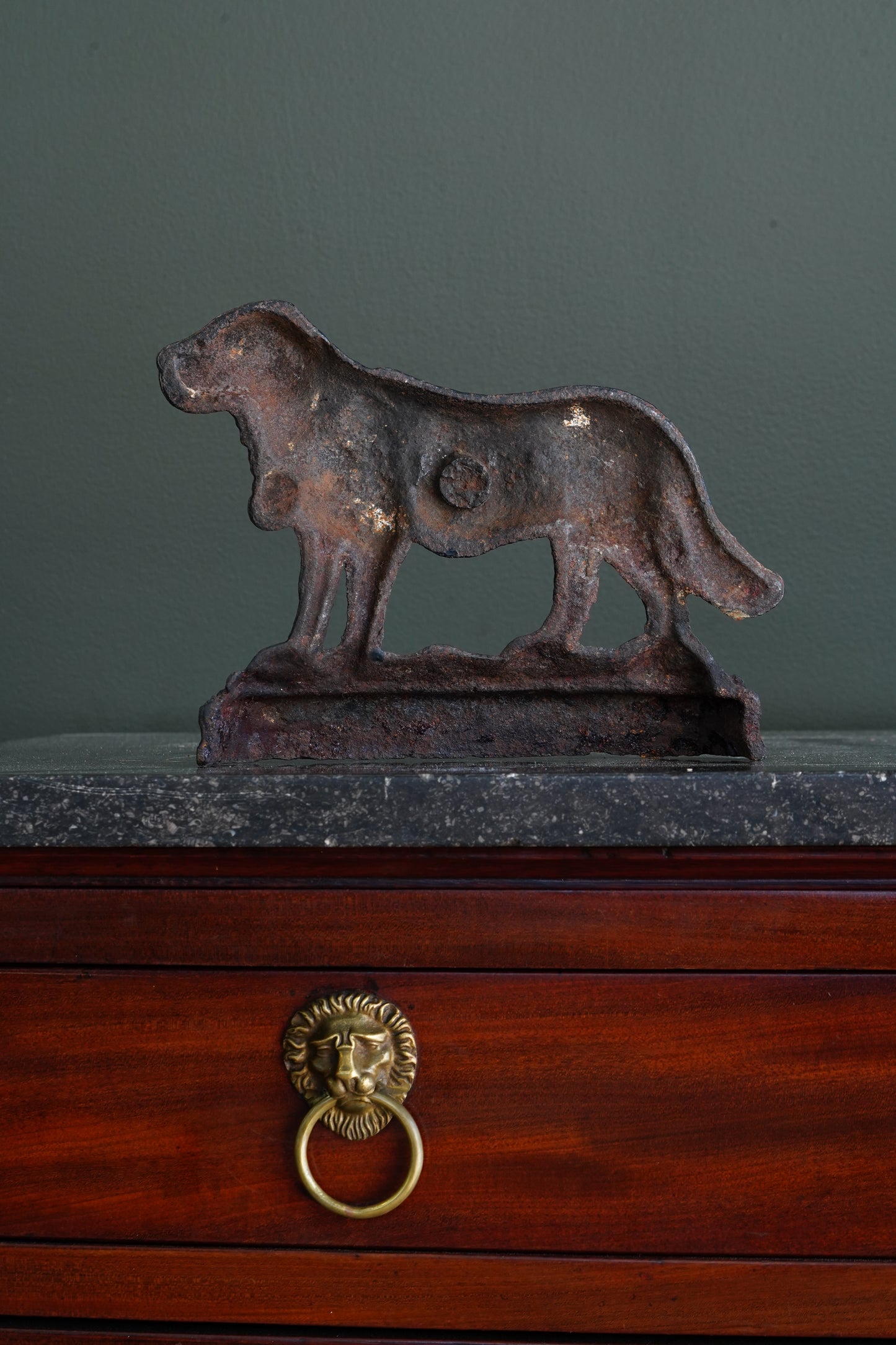 Antique Victorian Cast Iron Saint Bernard Doorstop with Rescue Barrel, Ca. 1890