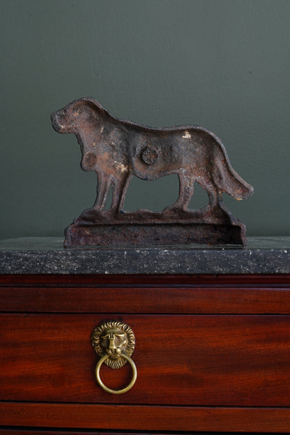 Antique Victorian Cast Iron Saint Bernard Doorstop with Rescue Barrel, Ca. 1890