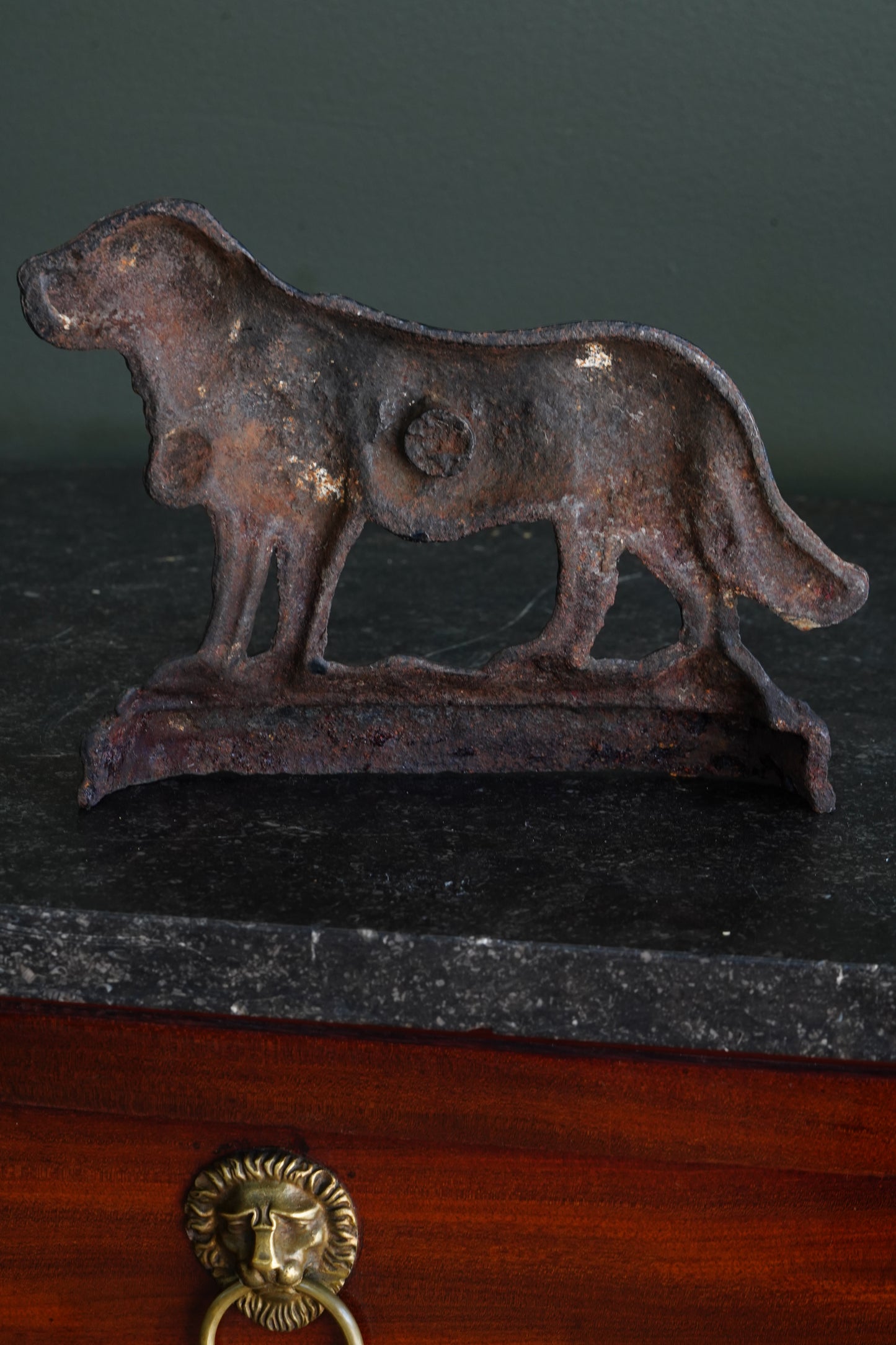 Antique Victorian Cast Iron Saint Bernard Doorstop with Rescue Barrel, Ca. 1890