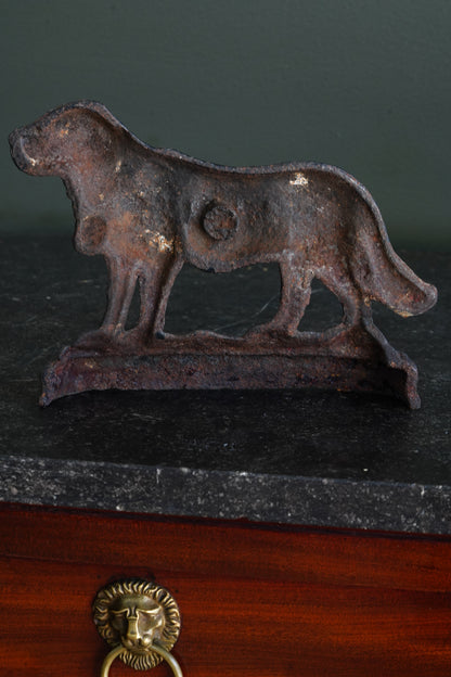 Antique Victorian Cast Iron Saint Bernard Doorstop with Rescue Barrel, Ca. 1890