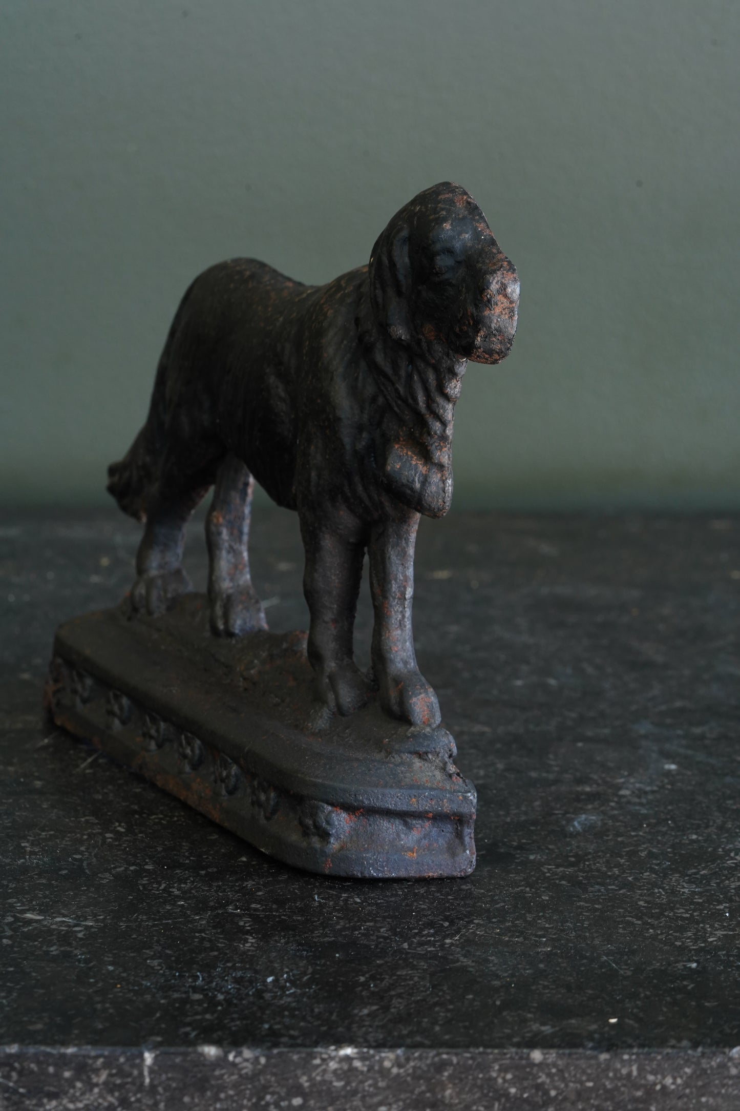 Antique Victorian Cast Iron Saint Bernard Doorstop with Rescue Barrel, Ca. 1890