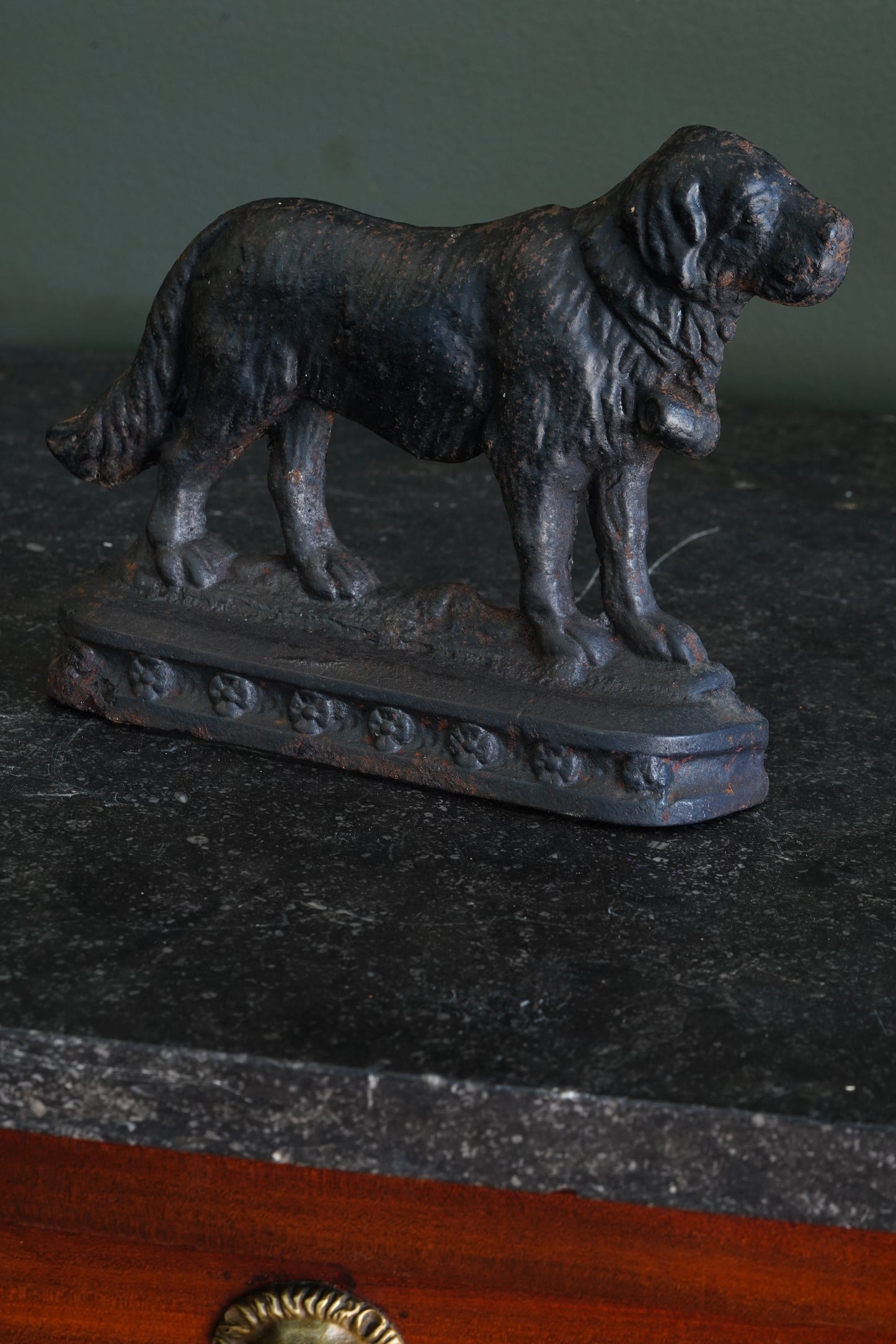 Antique Victorian Cast Iron Saint Bernard Doorstop with Rescue Barrel, Ca. 1890