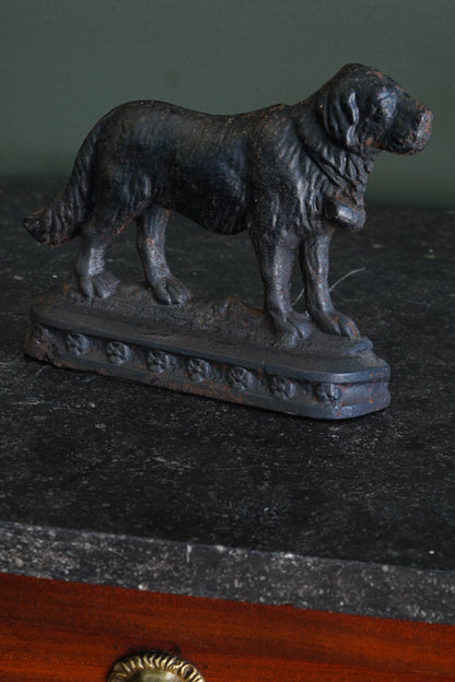 Antique Victorian Cast Iron Saint Bernard Doorstop with Rescue Barrel, Ca. 1890