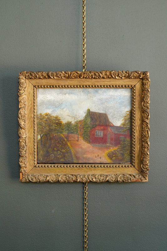Antique English Cottage Landscape Oil Painting, Signed E.Y. 1889