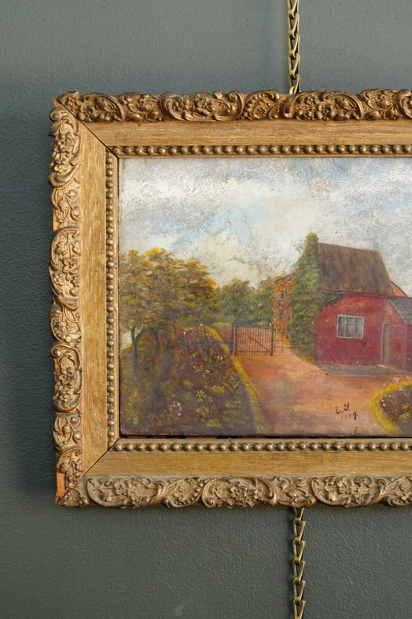 Antique English Cottage Landscape Oil Painting, Signed E.Y. 1889