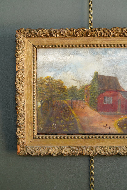 Antique English Cottage Landscape Oil Painting, Signed E.Y. 1889