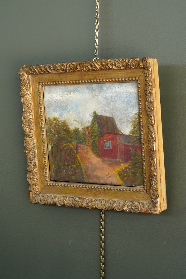 Antique English Cottage Landscape Oil Painting, Signed E.Y. 1889 secondary view