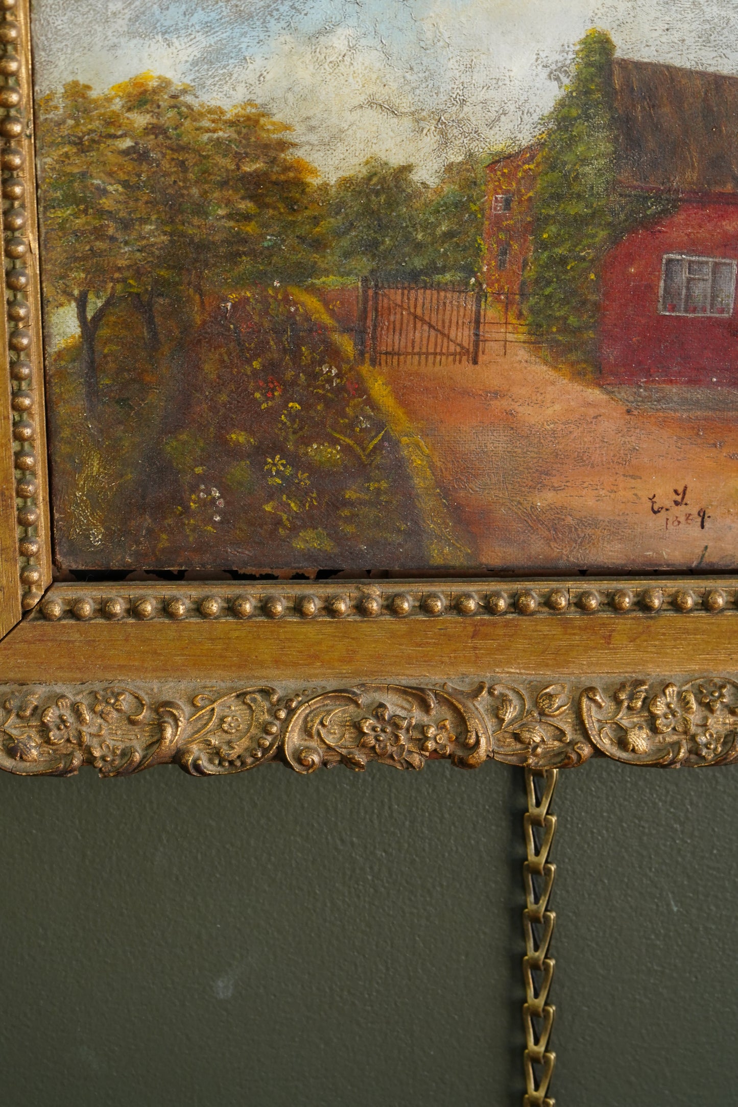 Antique English Cottage Landscape Oil Painting, Signed E.Y. 1889