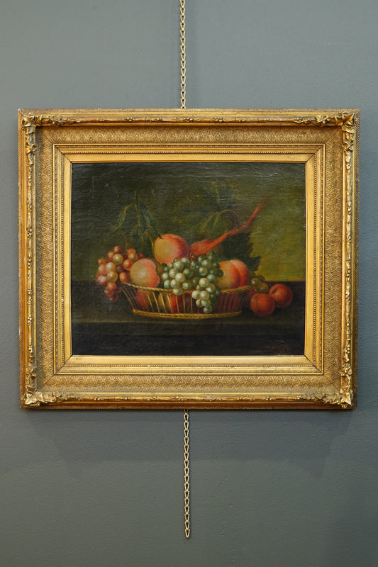 Antique Continental Still Life, Peaches and Grapes in a Basket, Oil on Canvas