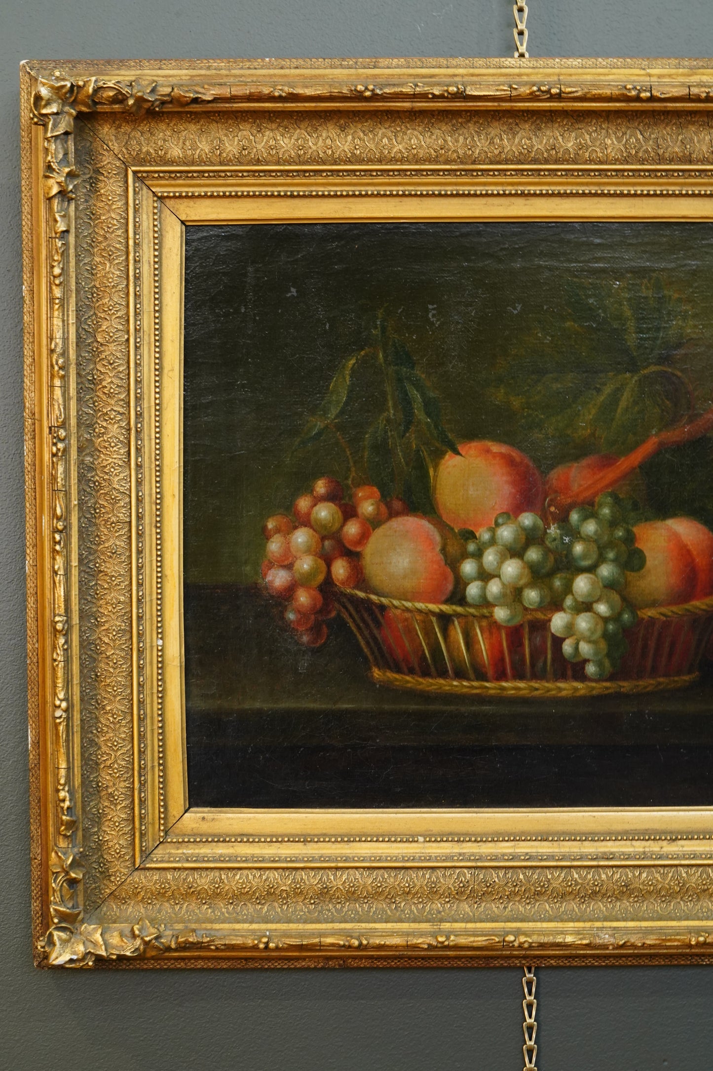 Antique Continental Still Life, Peaches and Grapes in a Basket, Oil on Canvas