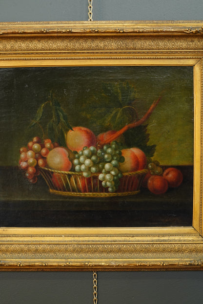 Antique Continental Still Life, Peaches and Grapes in a Basket, Oil on Canvas