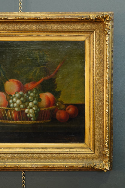 Antique Continental Still Life, Peaches and Grapes in a Basket, Oil on Canvas